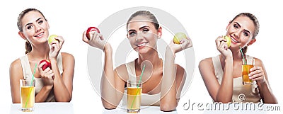Happy Young Woman with apple juice on white background Stock Photo