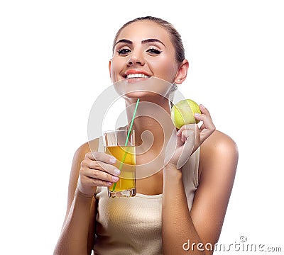 Happy young woman with apple juice on white background. Conce Stock Photo