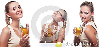 Happy Young Woman with apple juice on white background. Concept Stock Photo