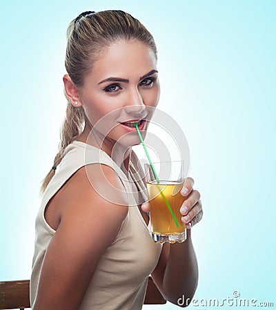 Happy Young Woman with apple juice on white background. Concept Stock Photo