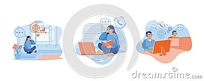 Happy young woman caller talking on the phone at home. Girl reading a book in bed. Vector Illustration