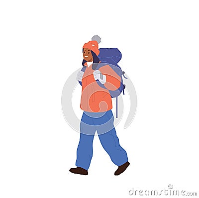 Happy young woman cartoon character wearing winter clothes backpacking enjoying trekking trip Vector Illustration