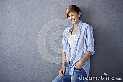 Happy young woman in casual clothes Stock Photo