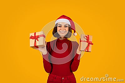 Happy young woman celebrating xmas, showing her presents Stock Photo