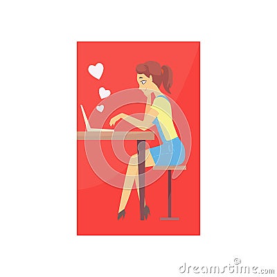 Happy young woman character sitting at the desk and sending love message. People finding love. Love chat. Flat vector on Vector Illustration