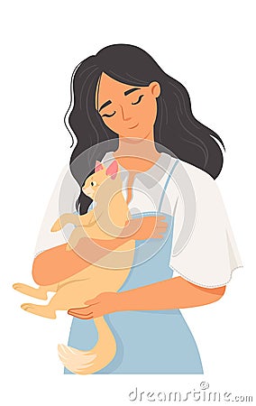 Happy young woman cuddling adorable cat portrait Vector Illustration