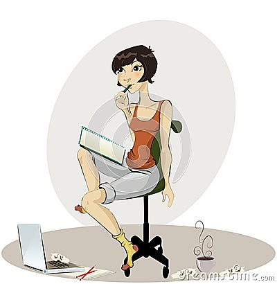 Happy young woman drawing Vector Illustration