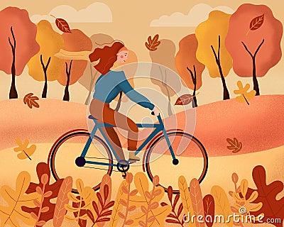Happy young woman dressed in autumn clothes riding a bicycle with forest background. Leaves flying around in wind Cartoon Illustration