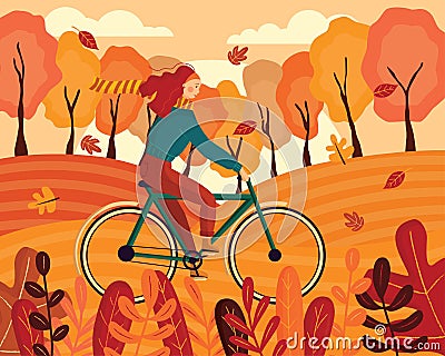 Happy young woman dressed in autumn clothes riding a bicycle with forest background. Leaves flying around in wind Vector Illustration