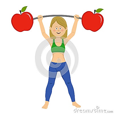 Happy young woman exercising dumbbell bar with apples Vector Illustration