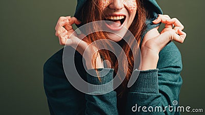 Happy young woman fun elation toothy smile Stock Photo