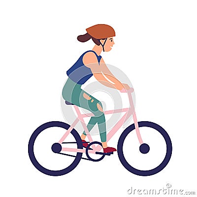 Happy young woman in helmet riding bike. Smiling female character on bicycle isolated on white background. Bicyclist Vector Illustration