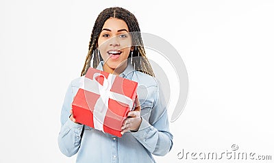 Happy Young Woman holding a big Gift Box. The concept of holidays and discounts in stores Stock Photo