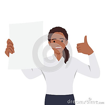 Happy young woman holding a blank or empty sheet of white paper or board and gesturing thumbs up sign Cartoon Illustration