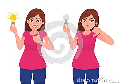 Happy young woman holding bright bulb and pointing index finger. Vector Illustration