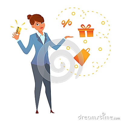 A happy young woman holding a gold credit card in hand. Cartoon character desingn. vector illustration. Vector Illustration