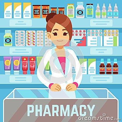 Happy young woman pharmacist sells medications in pharmacy interior. Pharmacology and healthcare vector concept Vector Illustration