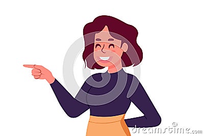 Happy young woman pointing and showing smile with hand. Smiling secretary or businesswoman explaining and presenting smth Vector Illustration