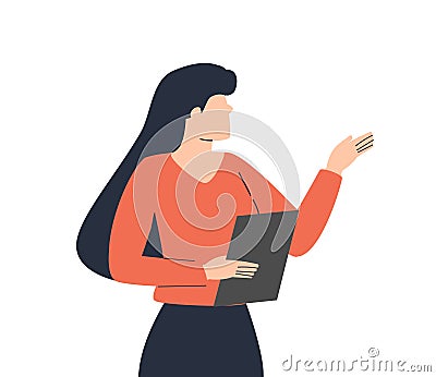 Happy young woman pointing and showing smth with hand. Smiling secretary or businesswoman explaining and presenting smth Vector Illustration