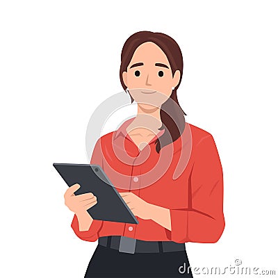 Happy young woman pointing and showing smth with hand. Smiling secretary or businesswoman explaining and presenting Vector Illustration