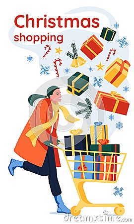 Happy young woman rolling supermarket trolley full of christmas gifts. Holiday decoration elements. Discount banner and flyer, Vector Illustration