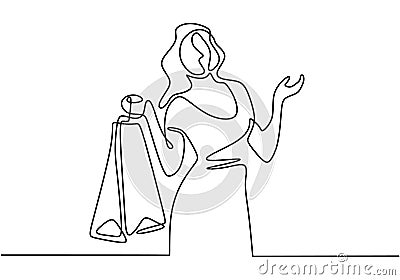 Happy young woman with shopping bags. Continuous one line drawing of girl buying things. Minimalism and simplicity vector Vector Illustration