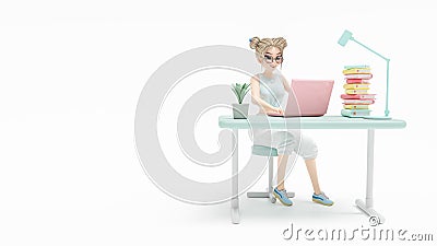 Happy young woman sitting on chair. enjoys studying learning and researching information from computer. Stock Photo