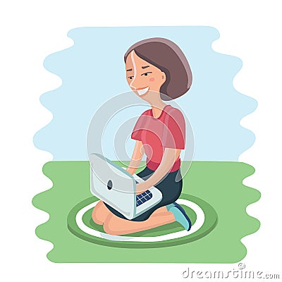 Happy young woman sitting on cushion with laptop in lap Vector Illustration