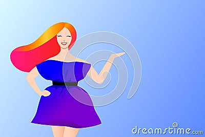 Happy Young Woman Smiles, Laughs and Shows to the Side on Blue Gradient Background. Glamorous Girl with Beautiful Hair Vector Illustration