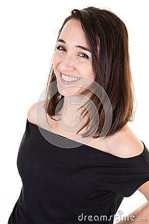 Happy young woman smiling in black fashion shirt over white background Stock Photo