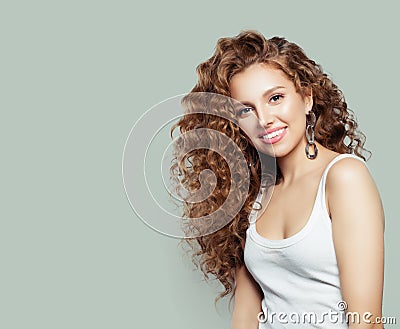 Happy young woman smiling. Girl in white t-shirt portrait Stock Photo