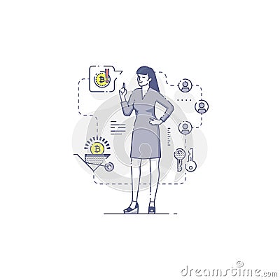 Happy young woman stands and holds finger up Cartoon Illustration