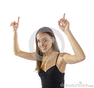 Happy young woman waving arms number one. Stock Photo