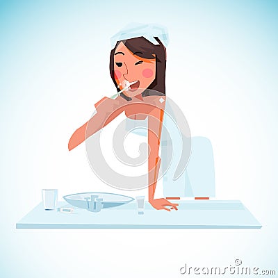 Happy young woman wearing towel at bathroom with healthy teeth h Vector Illustration