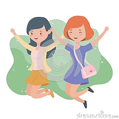 Happy young women celebrating jumping characters Vector Illustration