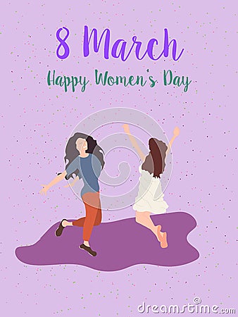 Happy young women celebrating women`s day on March 8th. Trampolines, rejoice and celebrate. Flat illustration of young female fig Cartoon Illustration