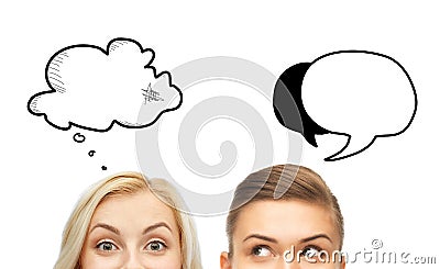 Happy young women faces with text clouds Stock Photo