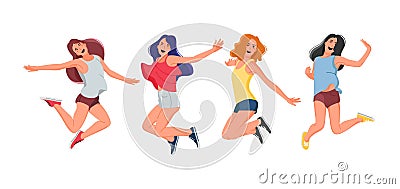 Happy Young Women or Girls Jump. Group of Female Friends, Flat Cartoon Sporty Characters isolated on white background. Colorful ve Vector Illustration