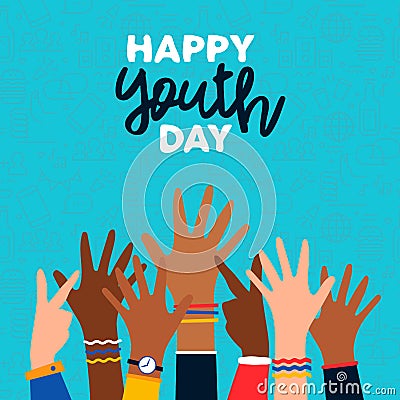 Happy Youth Day card of diverse teen hand group Vector Illustration