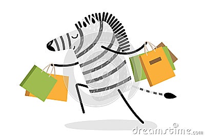 Happy zebra carries Shopping Packages. Cartoon funny zebra happy after successful shoping. African animal with colorful Vector Illustration