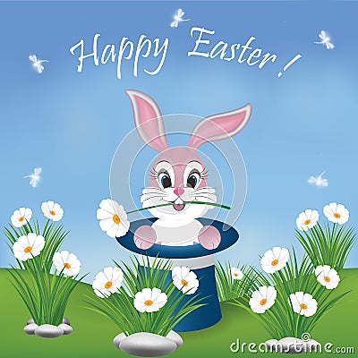 HappyEasterCardWithBunnyInMagicianHat Vector Illustration