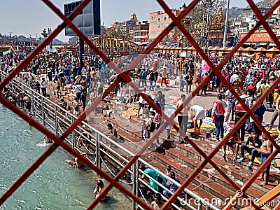 Har ki Pauri tempe River Ganges (ganga) devotees mob at Haridwar during indian fest Shiva Ratri at Haridwar Uttarakhand Editorial Stock Photo