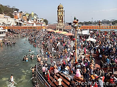 Har ki Pauri tempe River Ganges (ganga) devotees mob at Haridwar during indian fest Shiva Ratri at Haridwar Uttarakhand Editorial Stock Photo