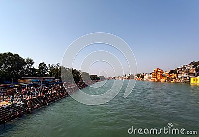 Har ki Pauri tempe River Ganges (ganga) devotees mob at Haridwar during indian fest Shiva Ratri at Haridwar Uttarakhand Editorial Stock Photo