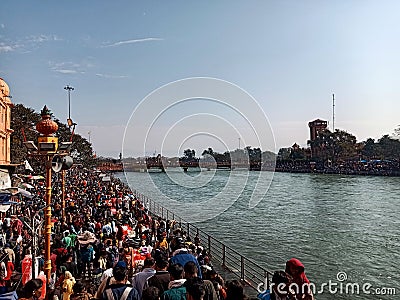 Har ki Pauri tempe River Ganges (ganga) devotees mob at Haridwar during indian fest Shiva Ratri at Haridwar Uttarakhand Editorial Stock Photo