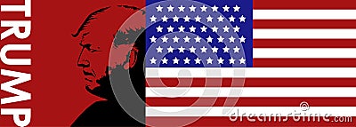 haracter Illustration of Donald Trump on red backgroung and flag Editorial Stock Photo