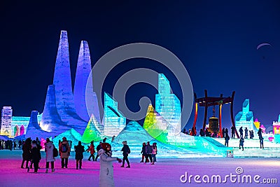 HARBIN, CHINA - JAN 15, 2020: Harbin International Ice and Snow Sculpture Festival is an annual winter festival that takes place Editorial Stock Photo