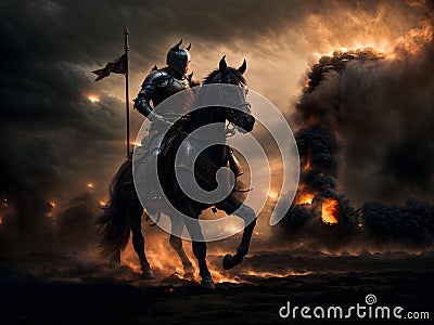 Harbinger of Shadows: The Halloween Knight and his Equine Companion Stock Photo