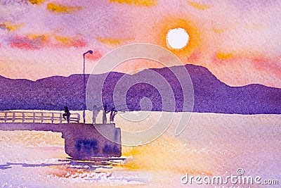 Harbor and the beautiful sea in the sunset atmosphere. Cartoon Illustration