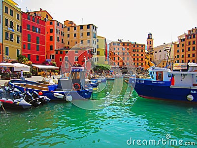 Harbor with boats in Camogli, Italy Editorial Stock Photo